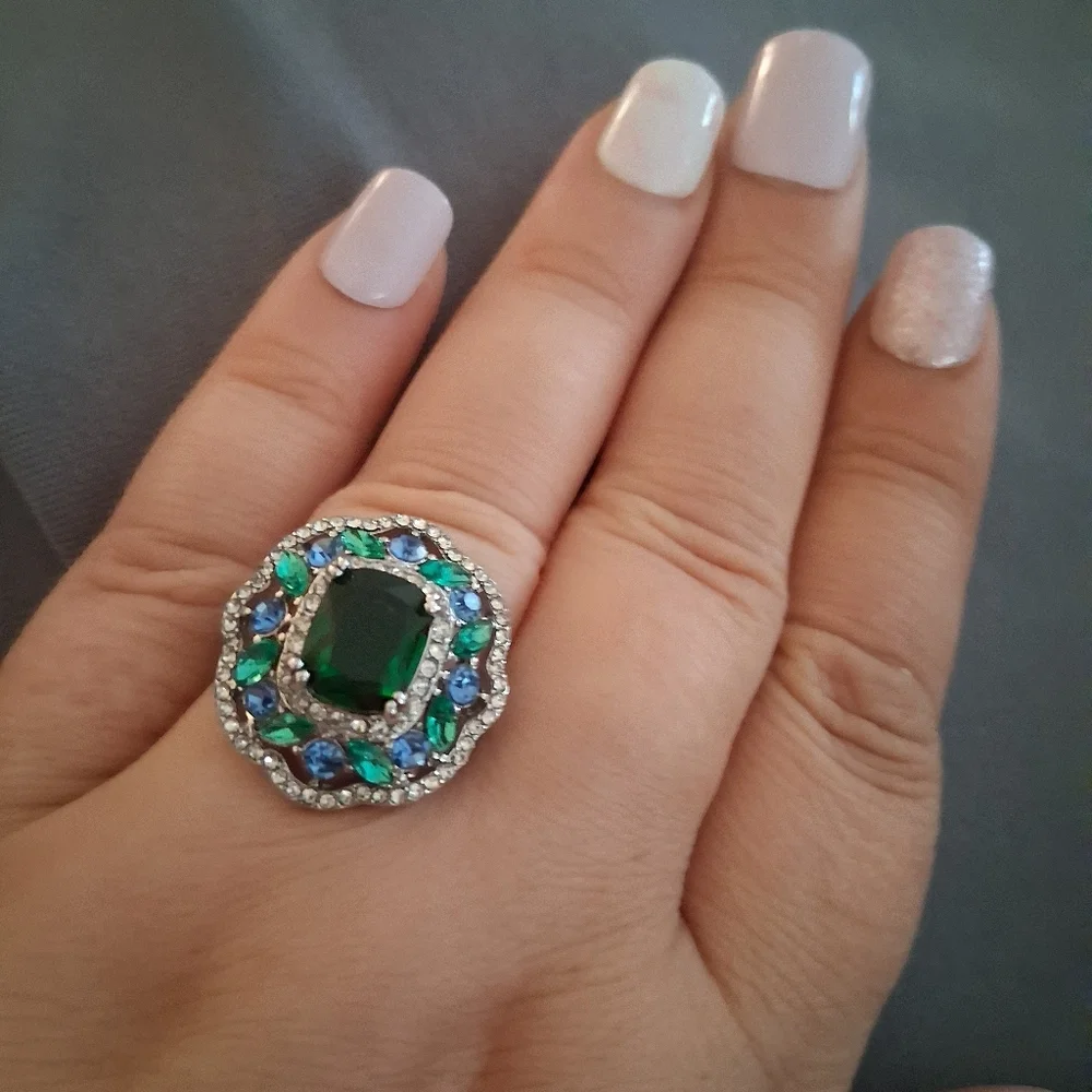 Vintage- Inspired Emerald Green And Blue Statement Ring Size 8/ Gift Ready